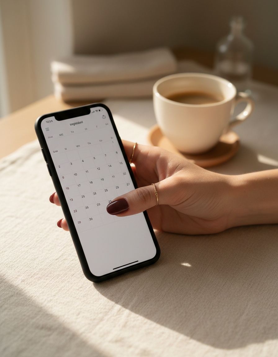 Een hand met een telefoon waarop de online agenda openstaat