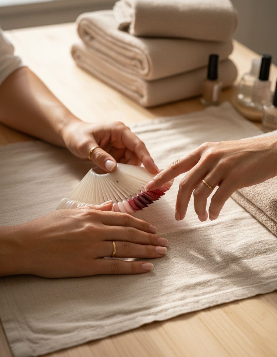 Samen kijken naar een kleurenwaaier met nude en melkwitte tinten