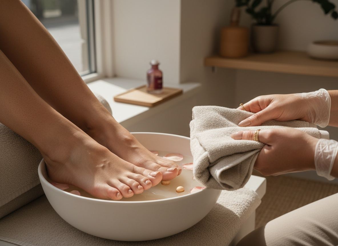Voeten in een warm voetbad in een witte kom tijdens een spa-pedicure in het atelier